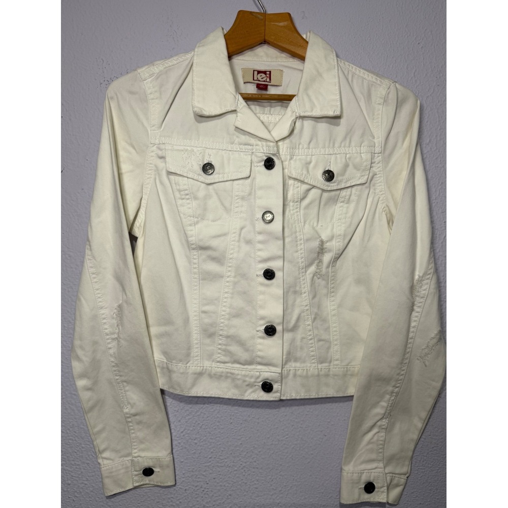 LEI Denim Jacket Womens White Distressed Cropped Y2K Style M Minimalist Casual